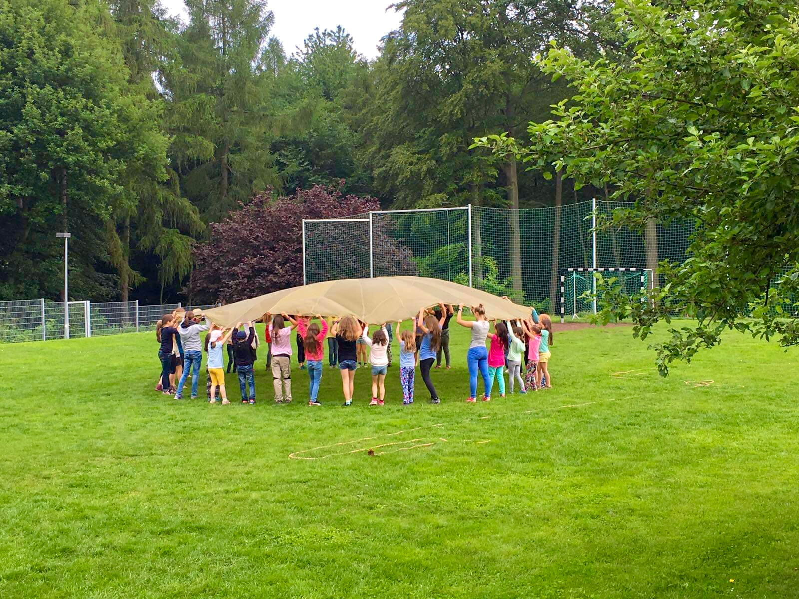 Kinder spielen mit dem Schwungtuch auf der Wiese